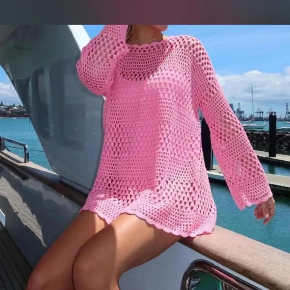 Pink crochet mini dress with